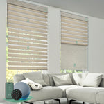 Motorized dual roller shades combining room darkening zebra coffee fabric and blackout jacquard coffee fabric with smart control.