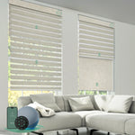 Motorized dual roller shades combining room darkening zebra linen fabric and blackout linen beige fabric with smart control.