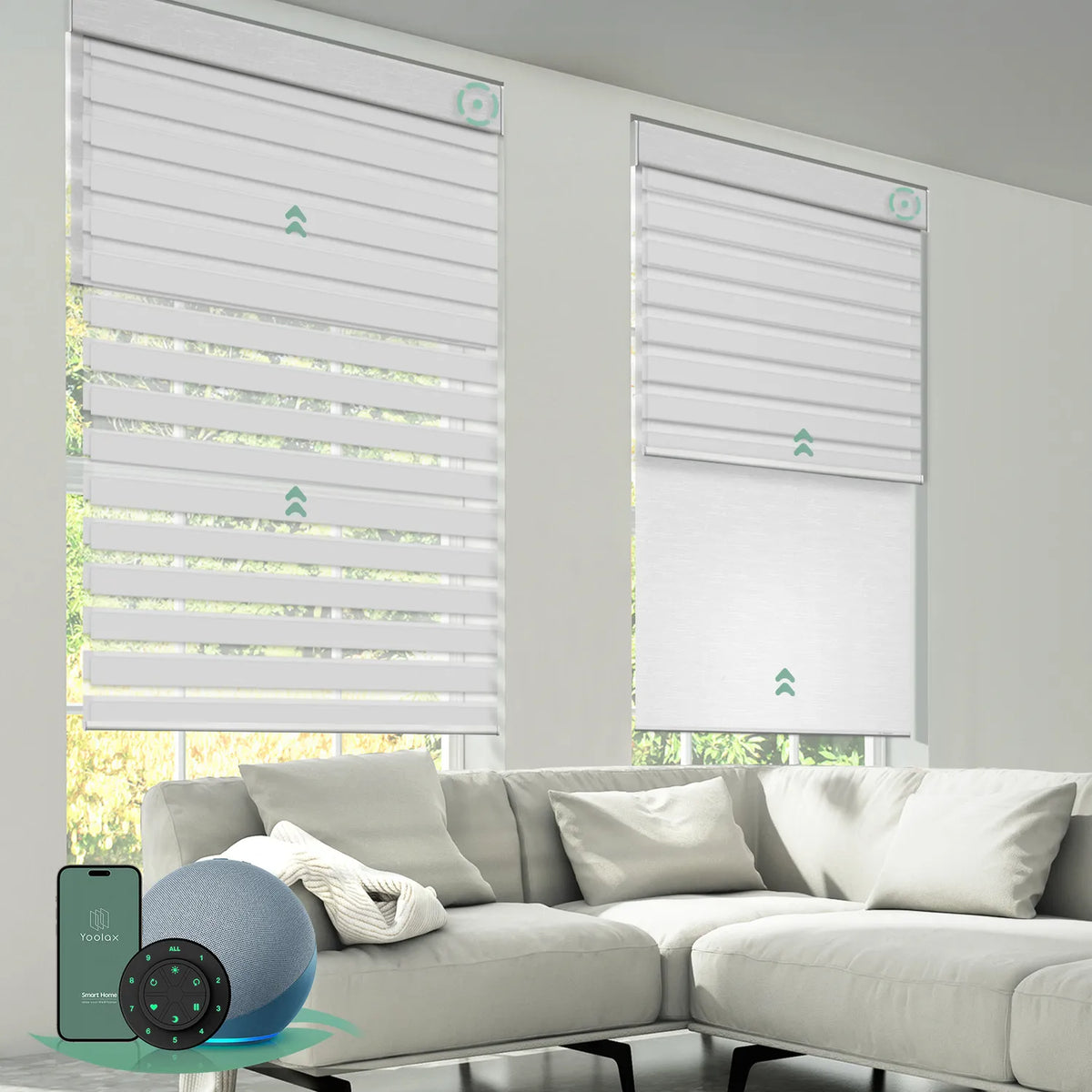Motorized dual roller shades combining room darkening zebra white fabric and blackout jacquard white fabric with smart control.
