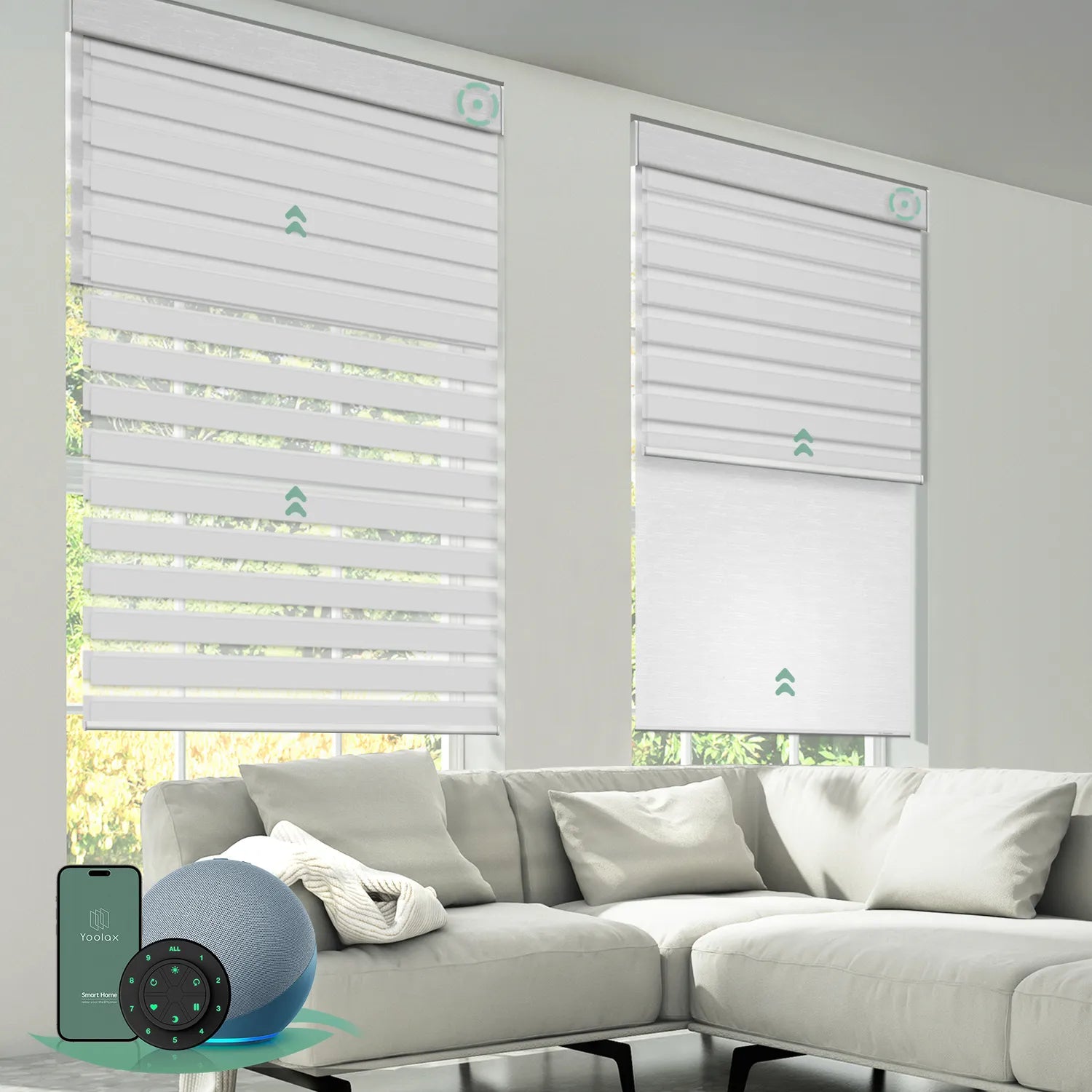 Motorized dual roller shades combining room darkening zebra white fabric and blackout jacquard white fabric with smart control.