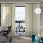 Motorized semi sheer vertical panel blinds in haystack yellow with hardwired motor, ideal for sliding doors and wide windows in living room.