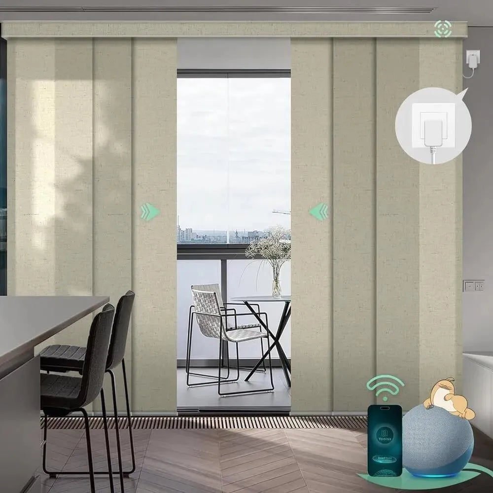Motorized semi sheer vertical panel blinds in haystack yellow with hardwired motor, ideal for sliding doors and wide windows in living room.