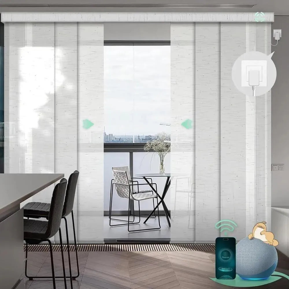 Motorized semi sheer vertical panel blinds in starry white with hardwired motor, ideal for sliding doors and wide windows in living room.
