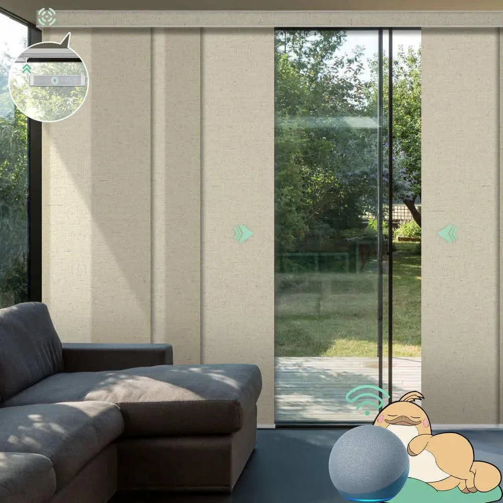 Motorized semi sheer vertical panel blinds in haystack yellow with rechargeable motor, ideal for sliding doors and wide windows in living room.