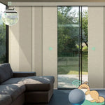 Motorized semi sheer vertical panel blinds in haystack yellow with rechargeable motor, ideal for sliding doors and wide windows in living room.