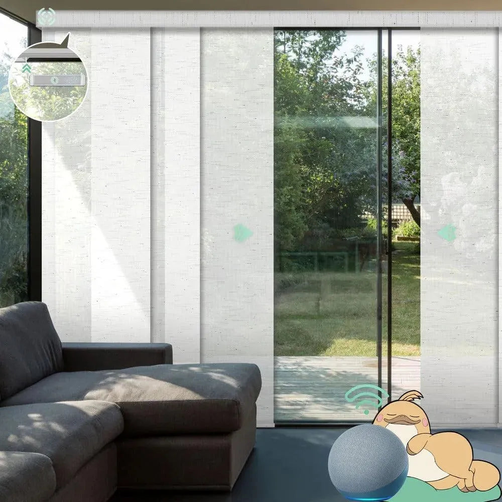 Motorized semi sheer vertical panel blinds in starry white with rechargeable motor, ideal for sliding doors and wide windows in living room.