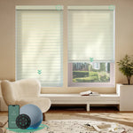 Motorized sheer horizontal shades with wide elegant beige light-filtering fabric, offering soft light and moderate privacy through smart control.
