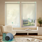 Motorized sheer horizontal shades with wide ivory white light-filtering fabric, offering soft light and moderate privacy through smart control.