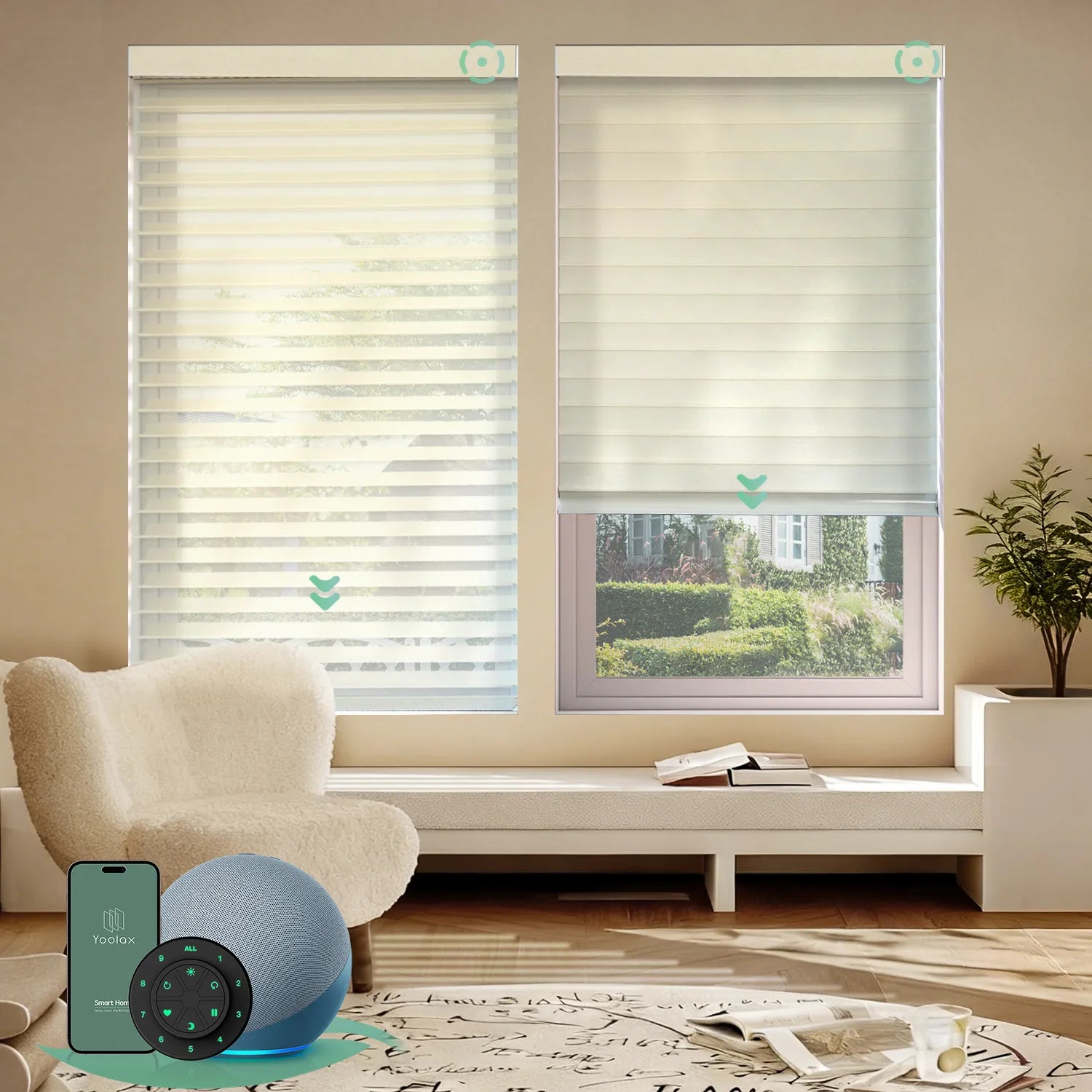 Motorized sheer horizontal shades with wide ivory white light-filtering fabric, offering soft light and moderate privacy through smart control.