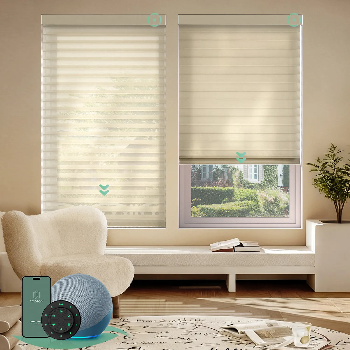 Motorized sheer horizontal shades with wide light coffee light-filtering fabric, offering soft light and moderate privacy through smart control.