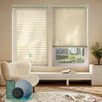 Motorized sheer horizontal shades with wide light coffee light-filtering fabric, offering soft light and moderate privacy through smart control.