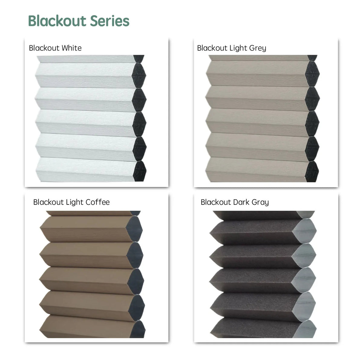Blackout series motorized skylight shades — White, Light Grey, Light Coffee, Dark Gray.
