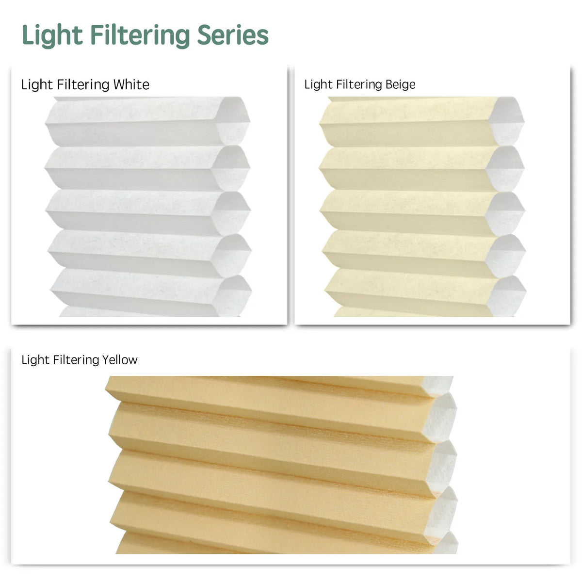 Light filtering series motorized skylight shades —White, Beige, Yellow.