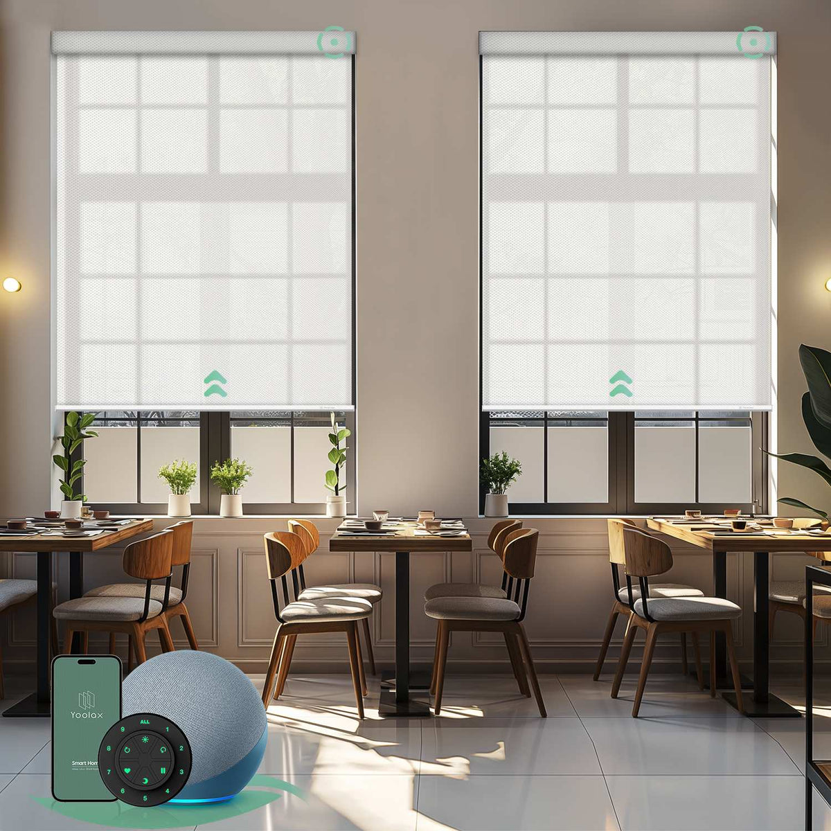 Motorized solar roller shades with 1% openness white fabric, blocking glare and UV while preserving a clean view