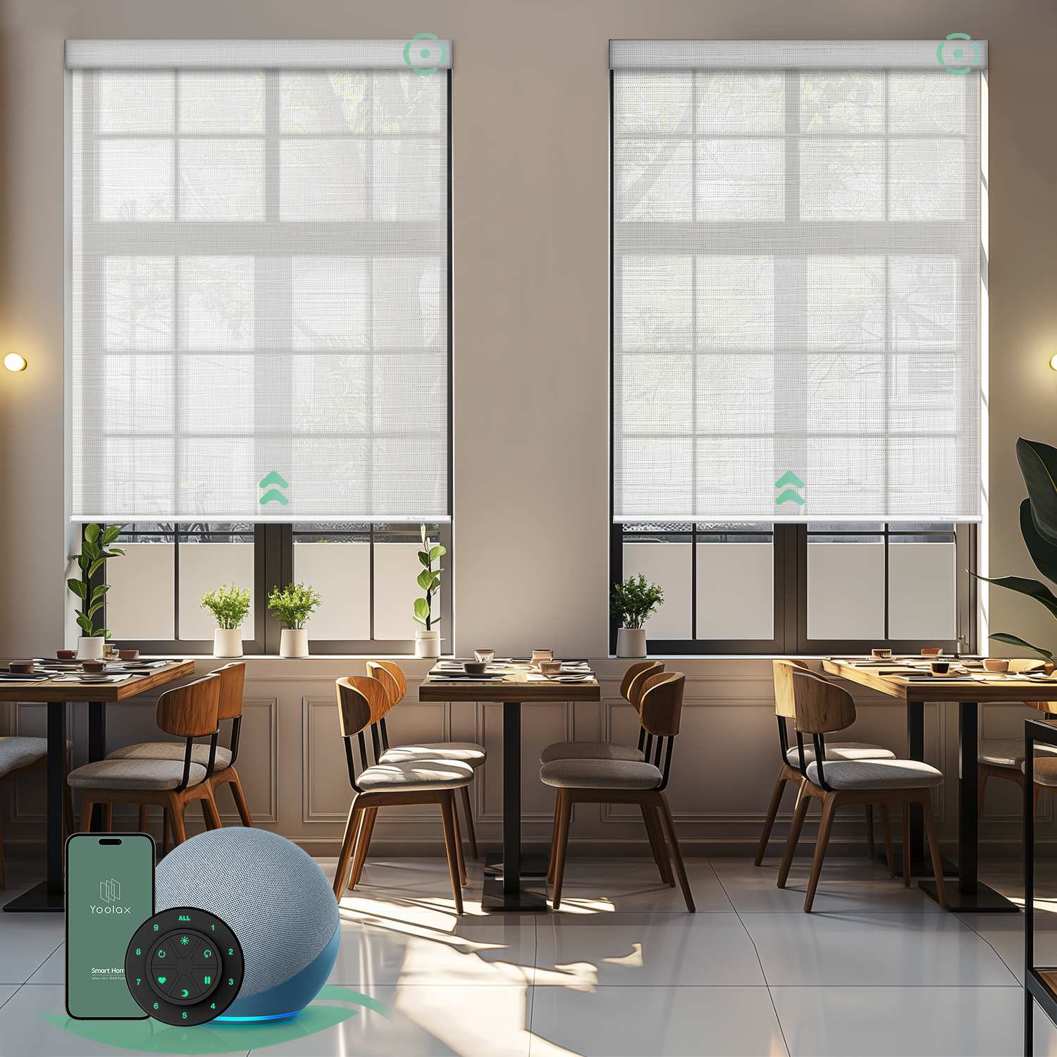 Motorized solar roller shades with 10% openness white pebble path fabric, blocking glare and UV while preserving a clean view