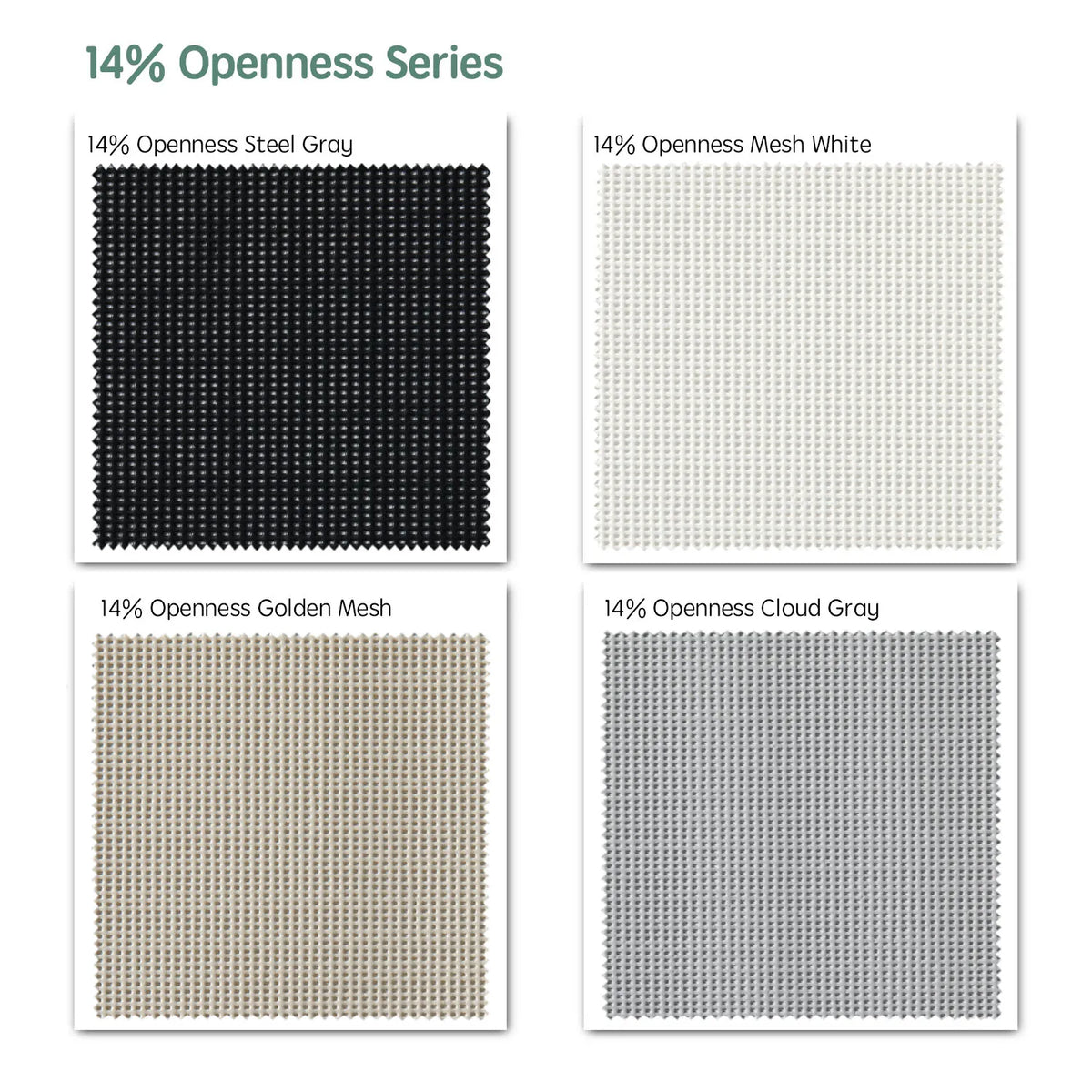 14% openness motorized solar shades fabric samples — Steel Gray, Mesh White, Golden Mesh, Cloud Gray.