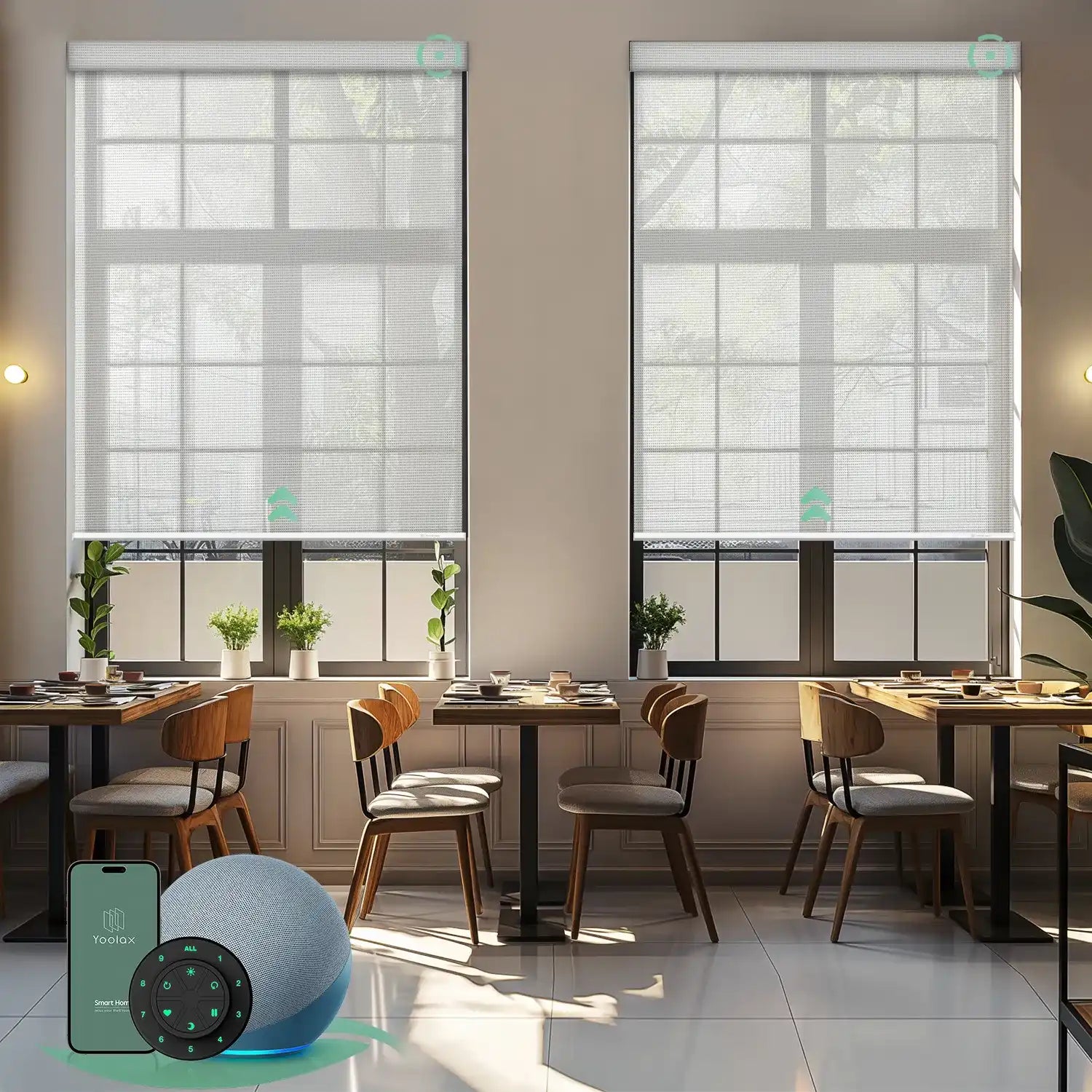 Motorized solar shades with 14% openness mesh white fabric, blocking glare and UV while preserving a clean view