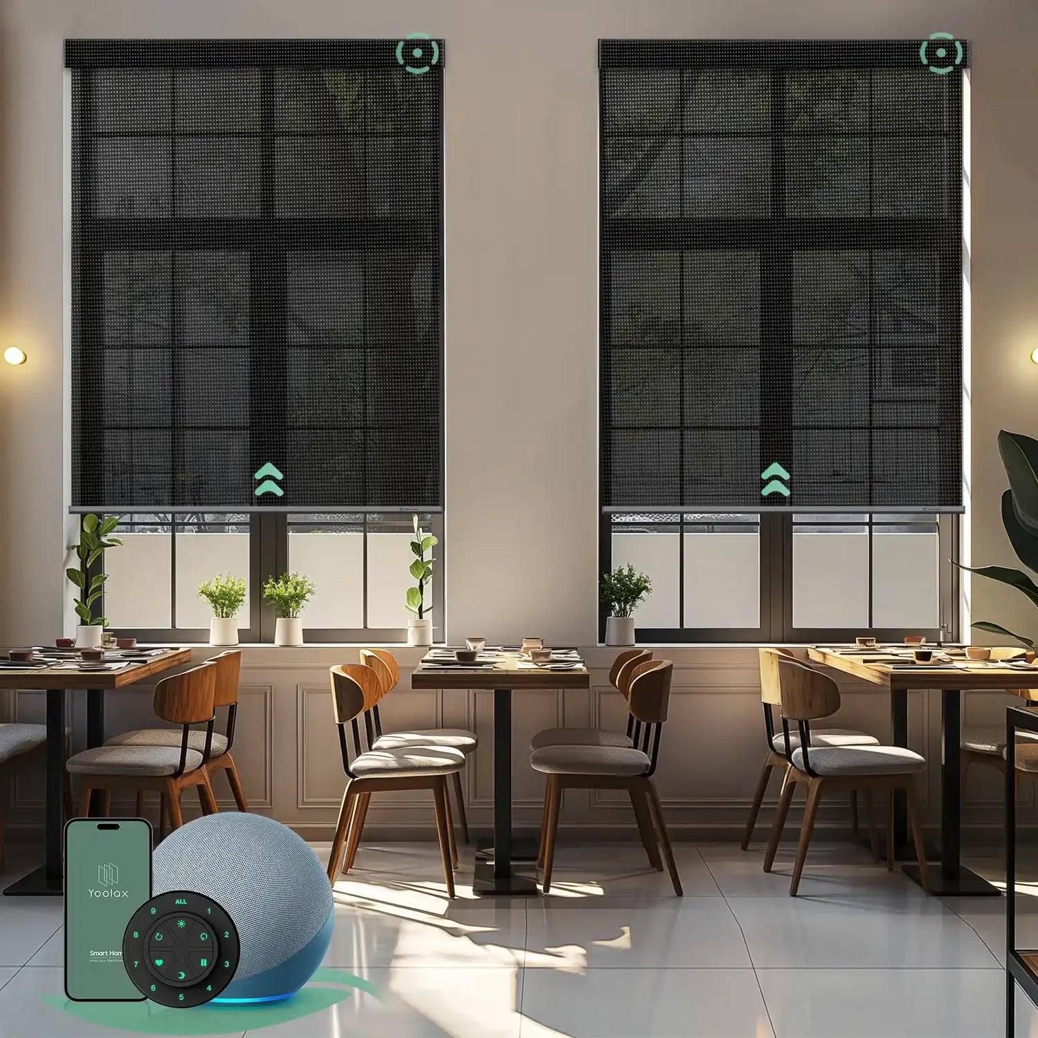 Motorized solar shades with 14% openness steel gray fabric, blocking glare and UV while preserving a clean view