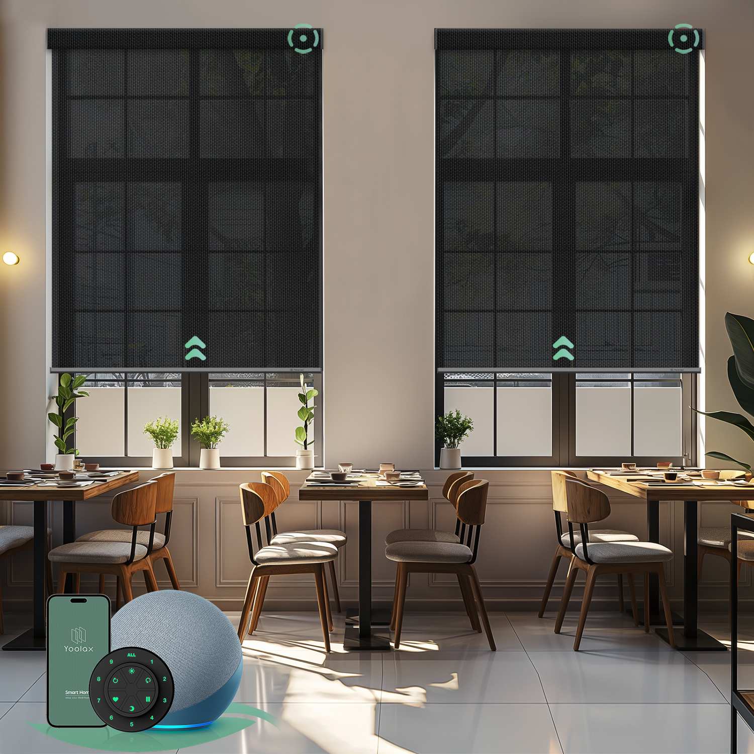 Motorized solar roller shades with 3% openness black fabric, blocking glare and UV while preserving a clean view