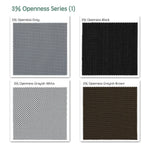 3% openness motorized solar shades fabric samples — Grey, Black, Greyish White, Greyish Brown.