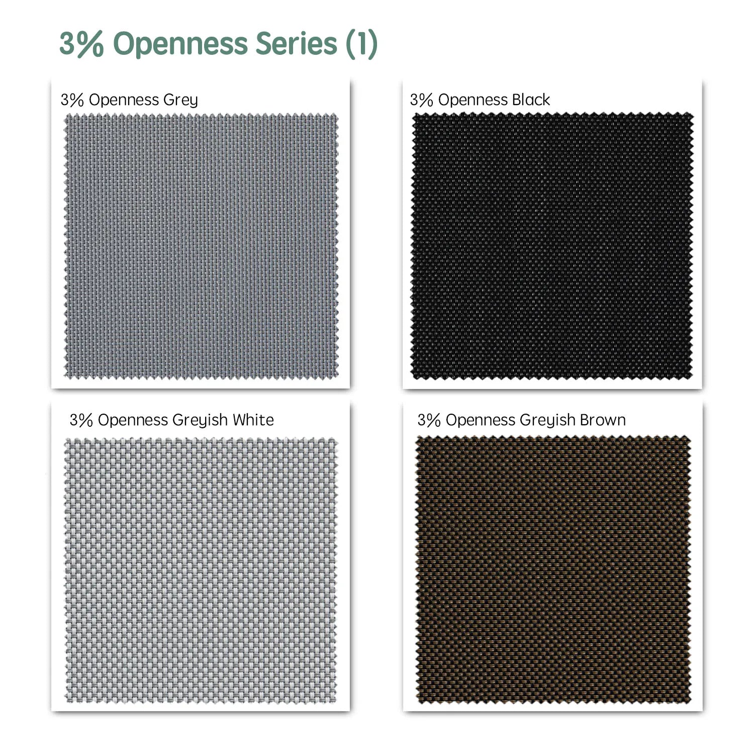 3% openness motorized solar shades fabric samples — Grey, Black, Greyish White, Greyish Brown.