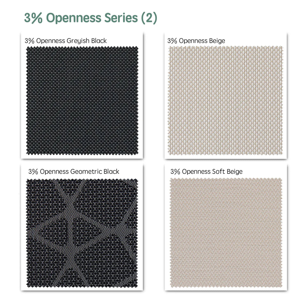 3% openness motorized solar shades fabric samples —Greyish Black, Beige, Geometric Black, Soft Beige.