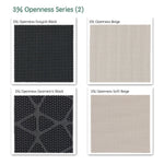 3% openness motorized solar shades fabric samples —Greyish Black, Beige, Geometric Black, Soft Beige.