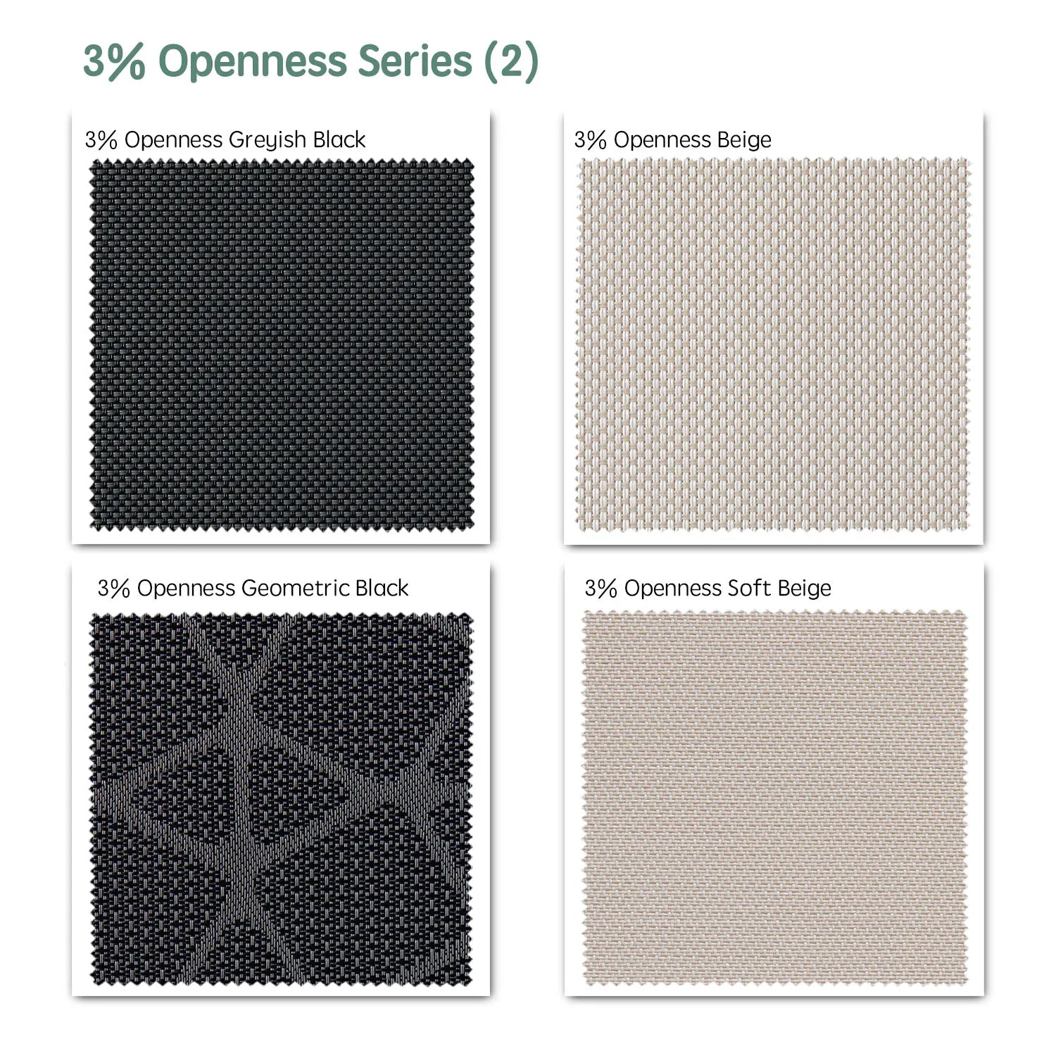 3% openness motorized solar shades fabric samples —Greyish Black, Beige, Geometric Black, Soft Beige.