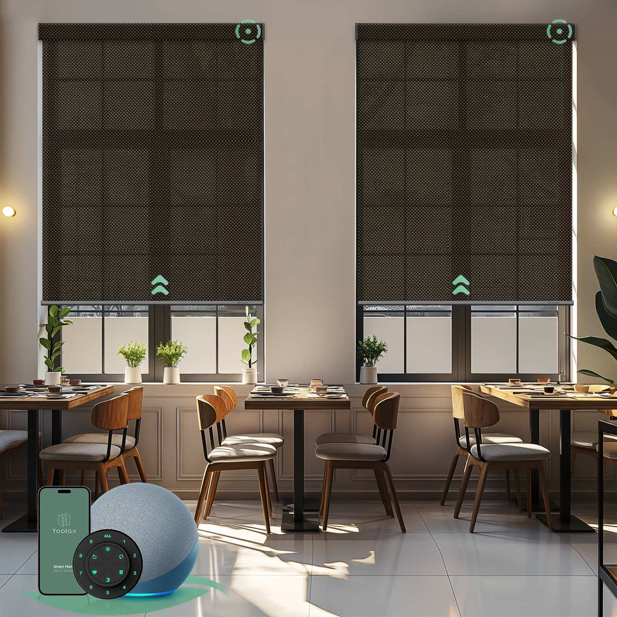 Motorized solar roller shades with 3% openness greyish brown fabric, blocking glare and UV while preserving a clean view