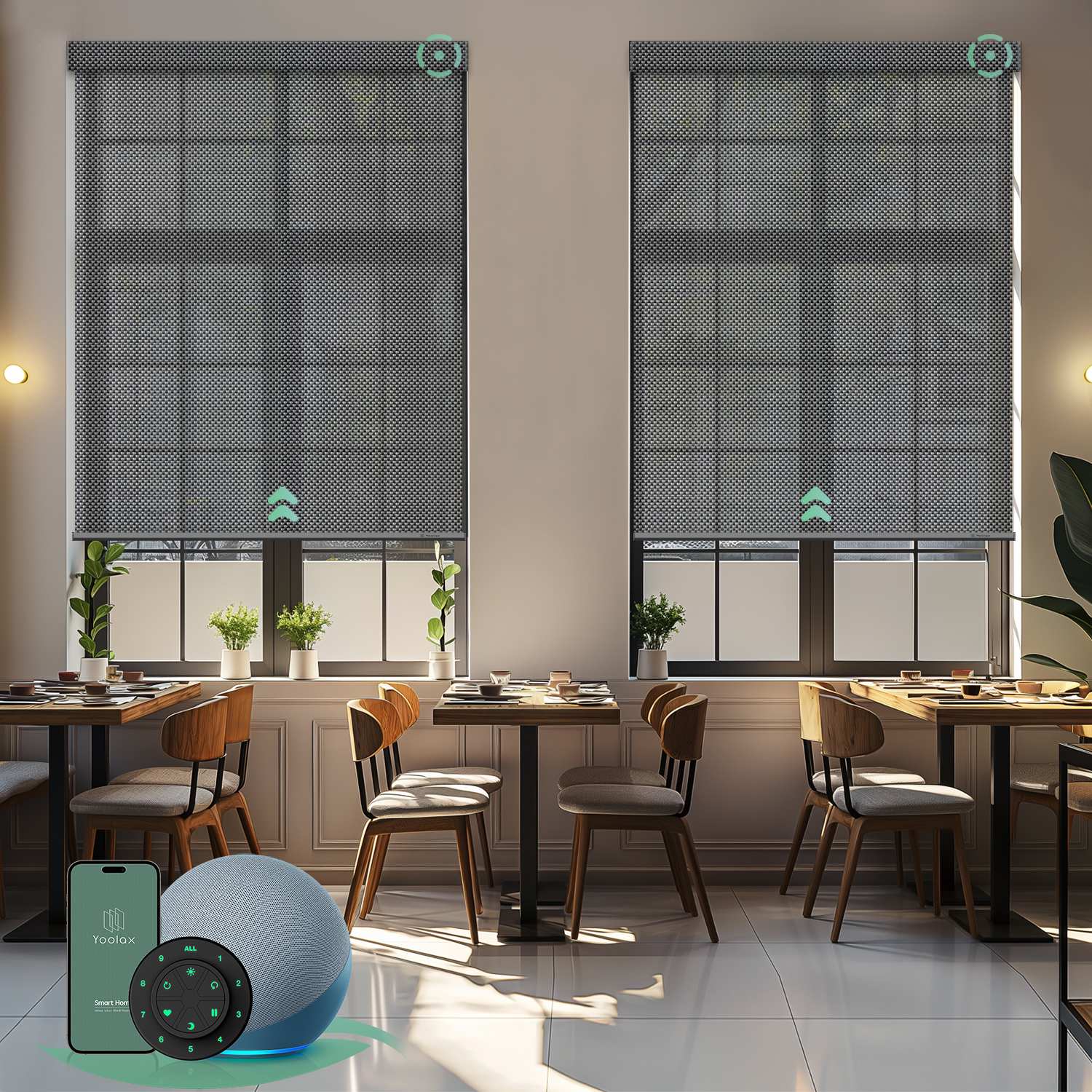 Motorized solar roller shades with 3% openness greyish black fabric, blocking glare and UV while preserving a clean view