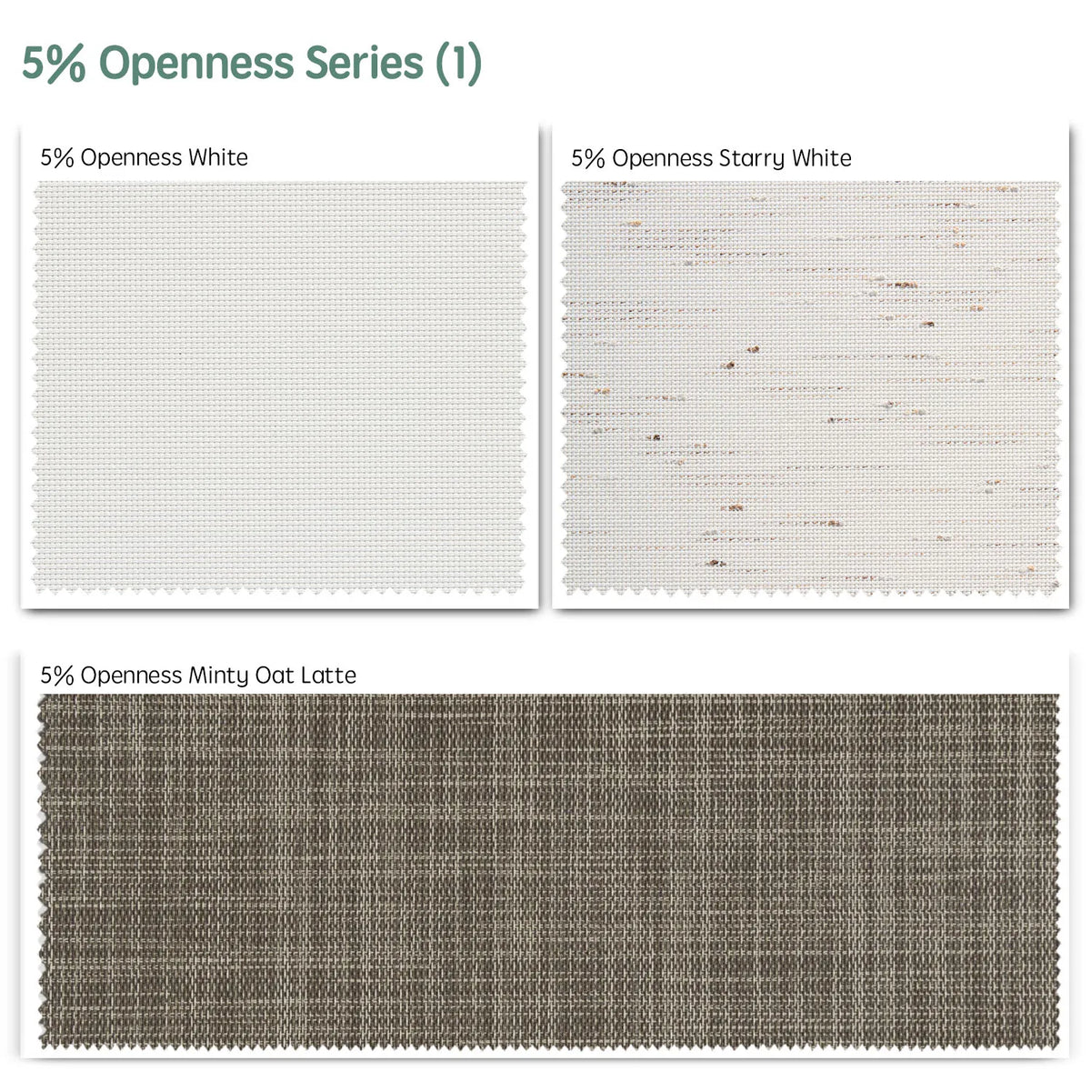 5% openness motorized solar shades fabric samples — White, Starry White, Minty Oat Latte.
