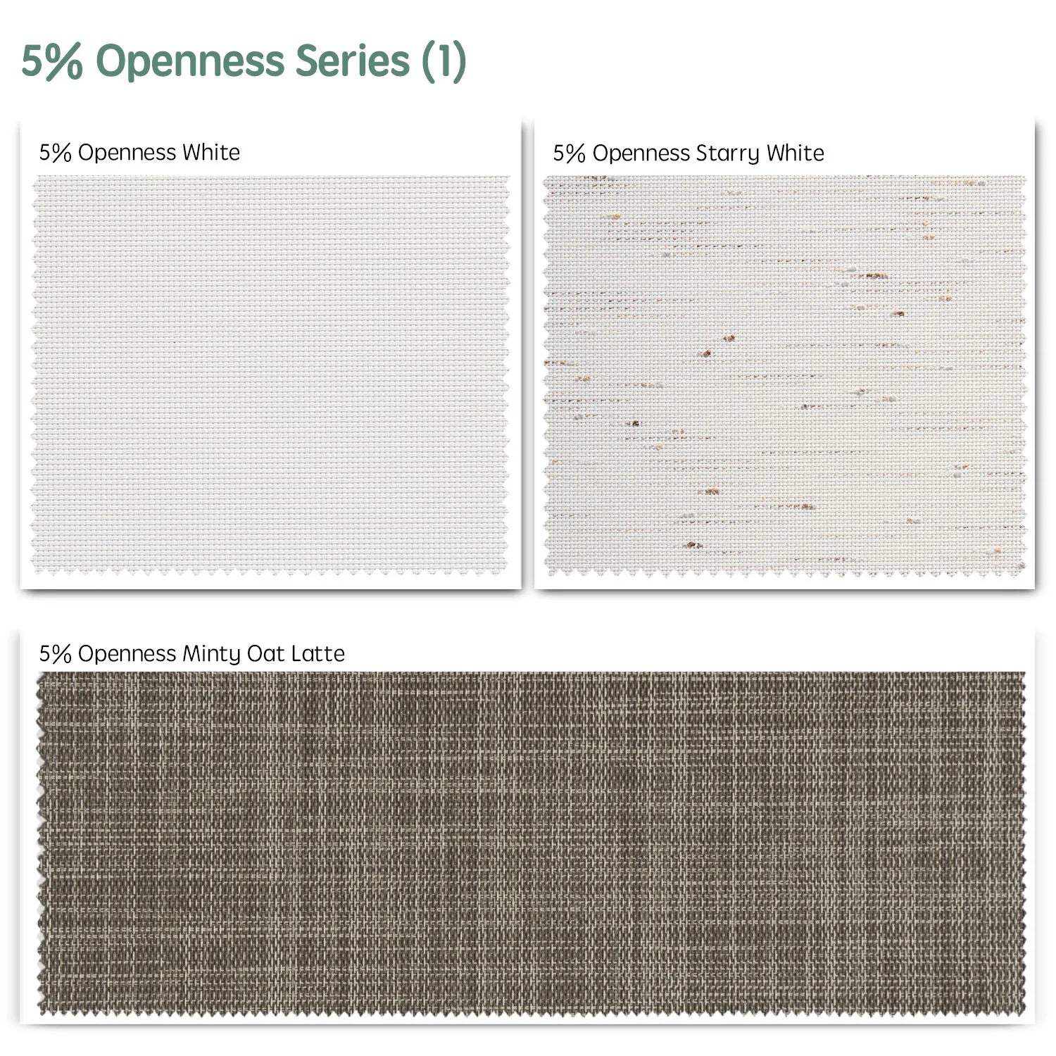 5% openness motorized solar shades fabric samples — White, Starry White, Minty Oat Latte.