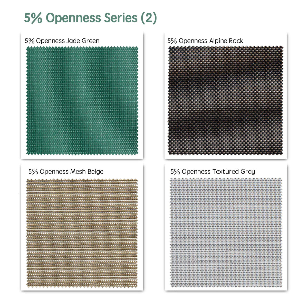 5% openness motorized solar shades fabric samples — Jade Green, Alpine Black, Mesh Beige, Textured Gray.