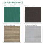 5% openness motorized solar shades fabric samples — Jade Green, Alpine Black, Mesh Beige, Textured Gray.