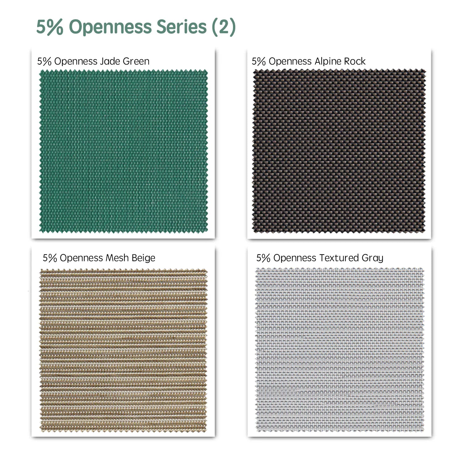 5% openness motorized solar shades fabric samples — Jade Green, Alpine Black, Mesh Beige, Textured Gray.