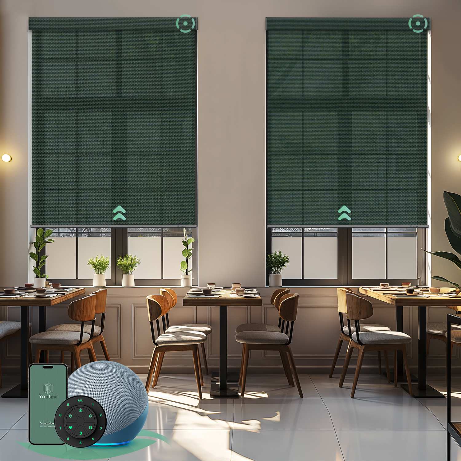 Motorized solar roller shades with 5% openness jade green fabric, blocking glare and UV while preserving a clean view