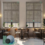 Motorized solar roller shades with 5% openness minty oat latte fabric, blocking glare and UV while preserving a clean view