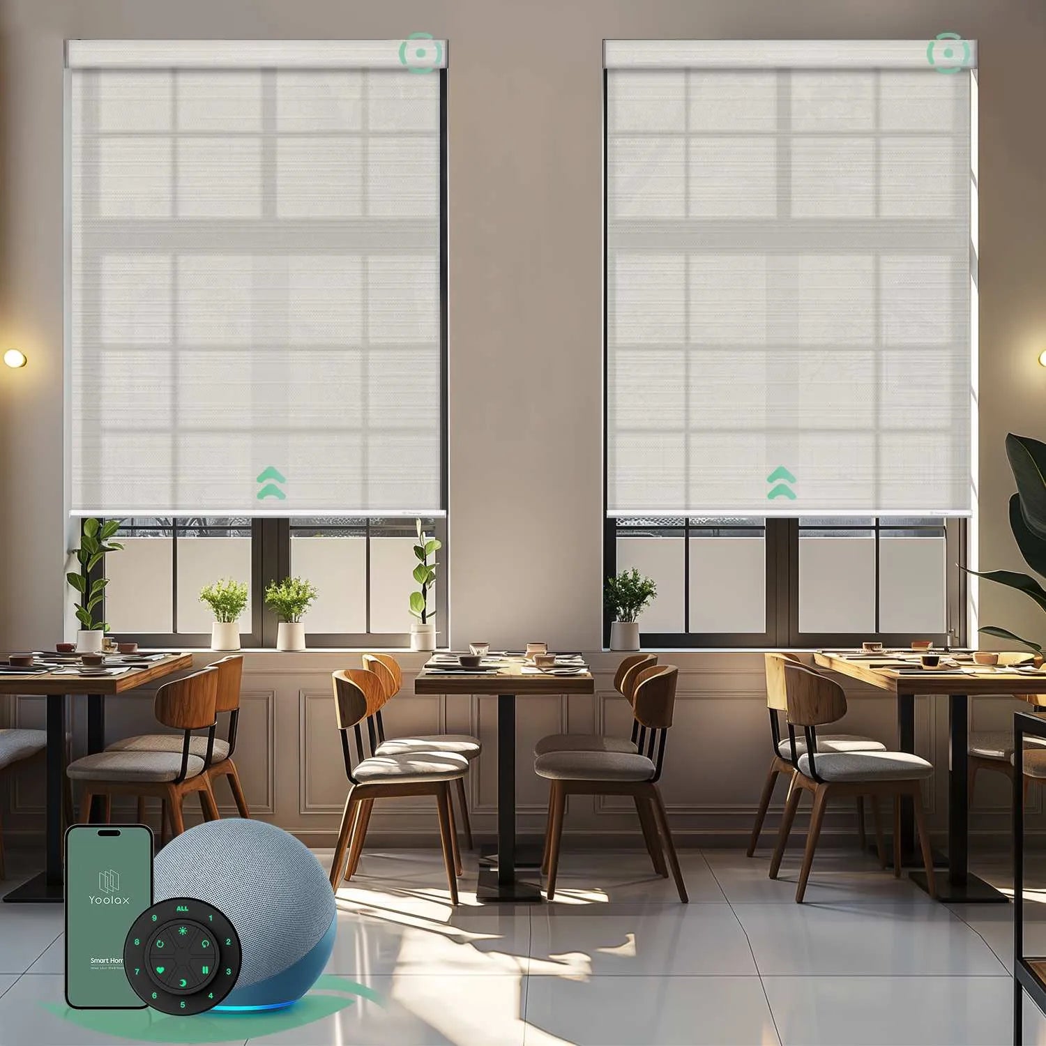 Motorized solar roller shades with 5% openness textured gray fabric, blocking glare and UV while preserving a clean view