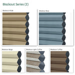 Blackout series motorized TDBU cellular shades fabric samples — Khaki, Blue, Beige, Light Coffee, Coffee.