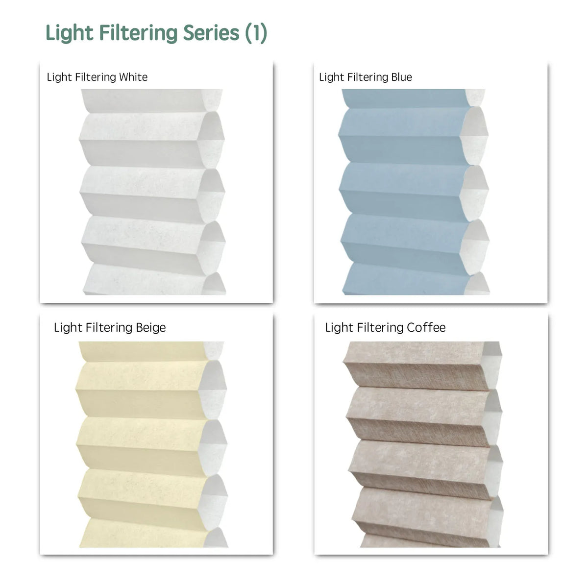 Light filtering series motorized TDBU cellular shades fabric samples — White, Blue, Beige, Coffee.