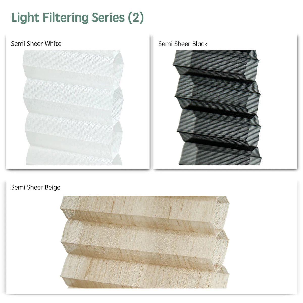 Light filtering series motorized TDBU cellular shades fabric samples — Semi Sheer White, Semi Sheer Black, Semi Sheer Beige.