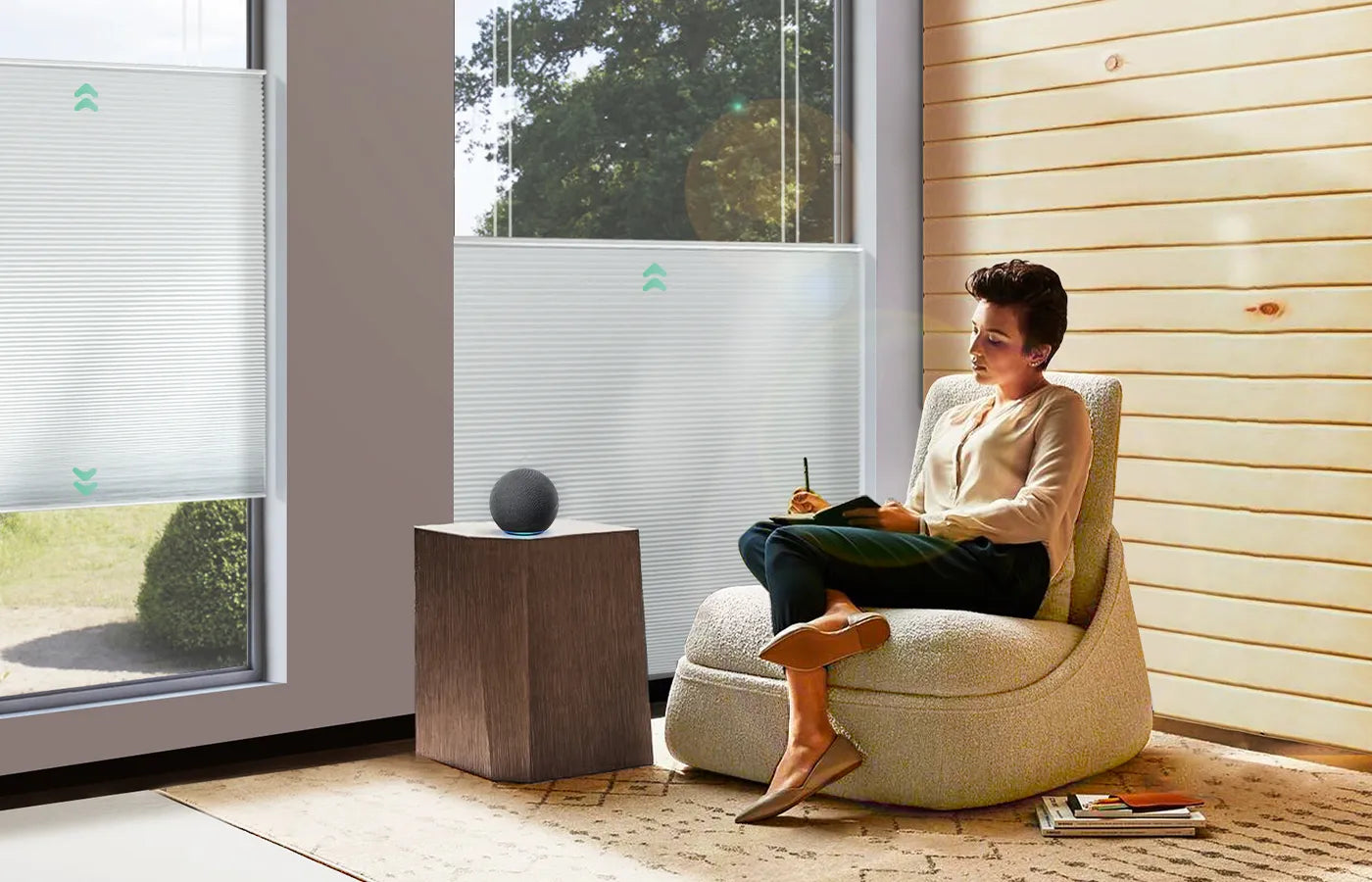 Motorized top down bottom up light-filtering cellular shades with smart control, including remote access, scheduling, and custom routines for added convenience and comfort.