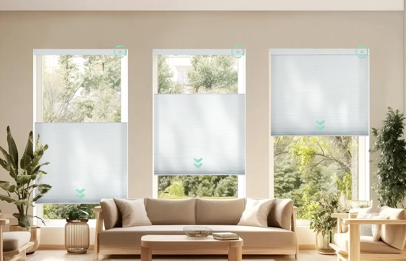 White motorized top down bottom up light-filtering cellular shades in the living room, controllable by voice and able to operate multiple shades simultaneously.