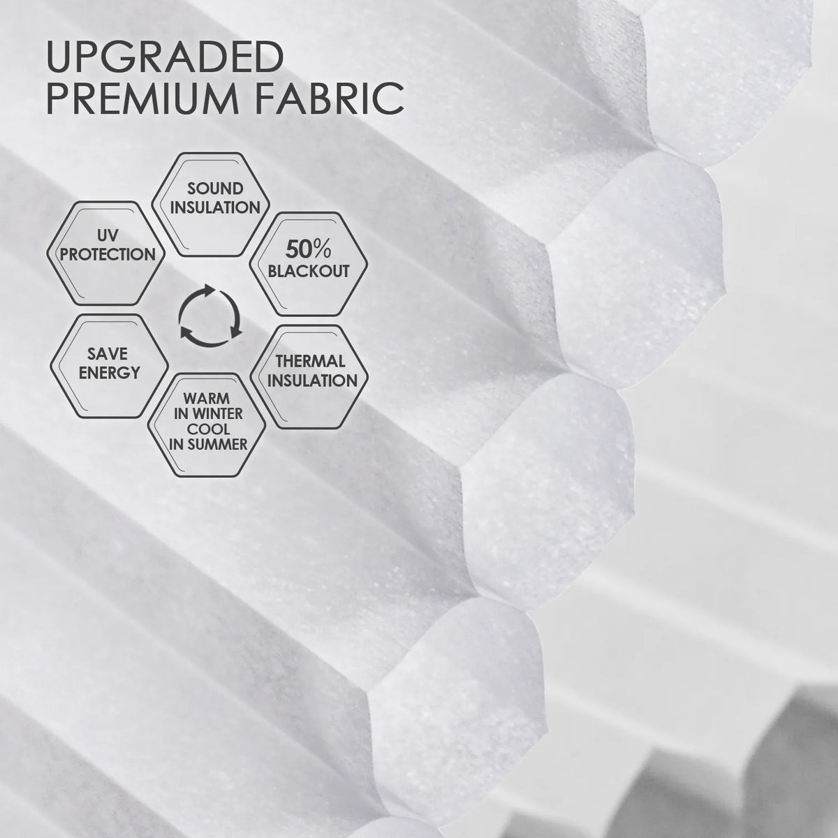 Light-filtering cellular fabric with 50% blackout, sound and thermal insulation, and UV protection for energy saving and year-round comfort.