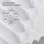 Light-filtering cellular fabric with 50% blackout, sound and thermal insulation, and UV protection for energy saving and year-round comfort.