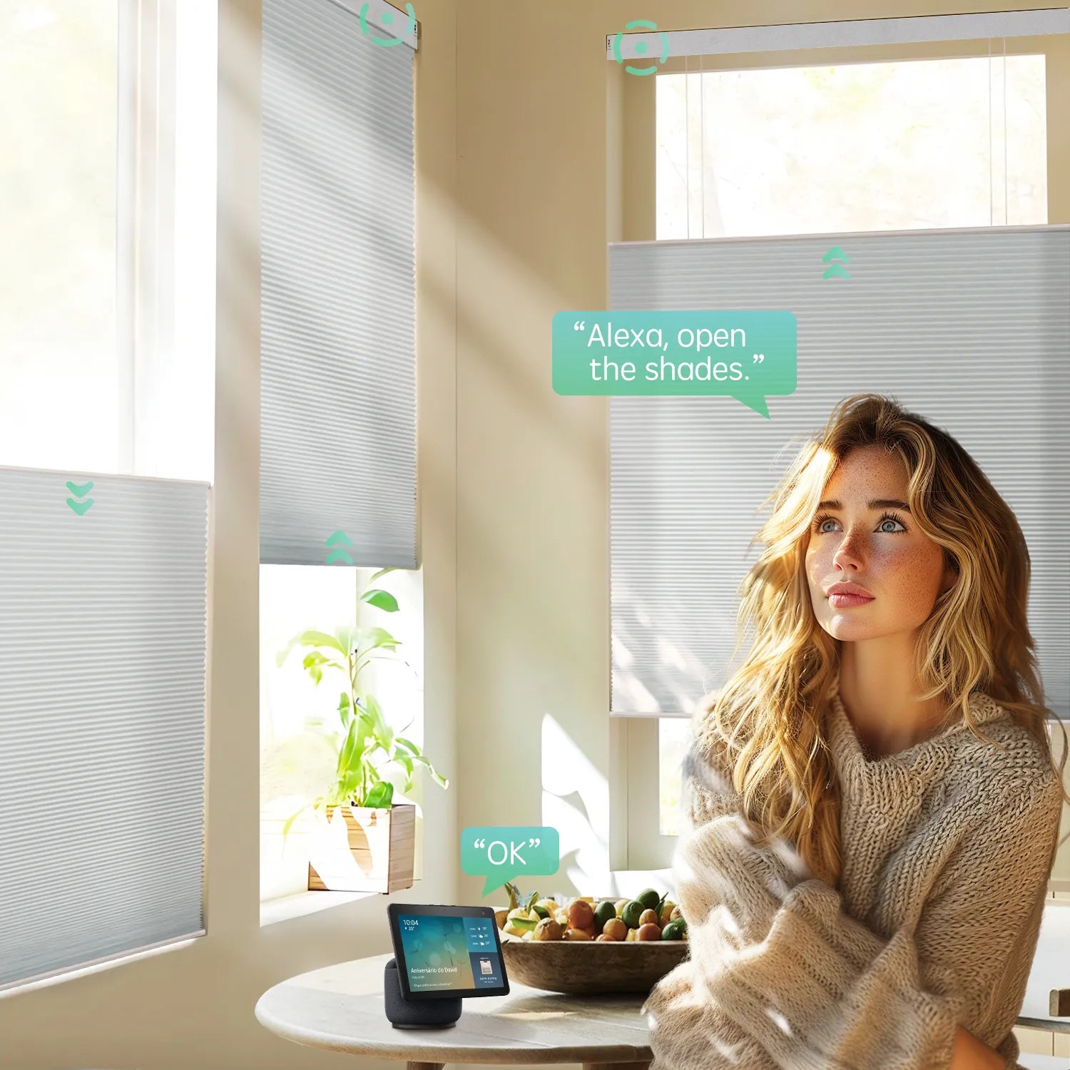 Motorized tdbu cellular shades with voice control, app control , and timer functions