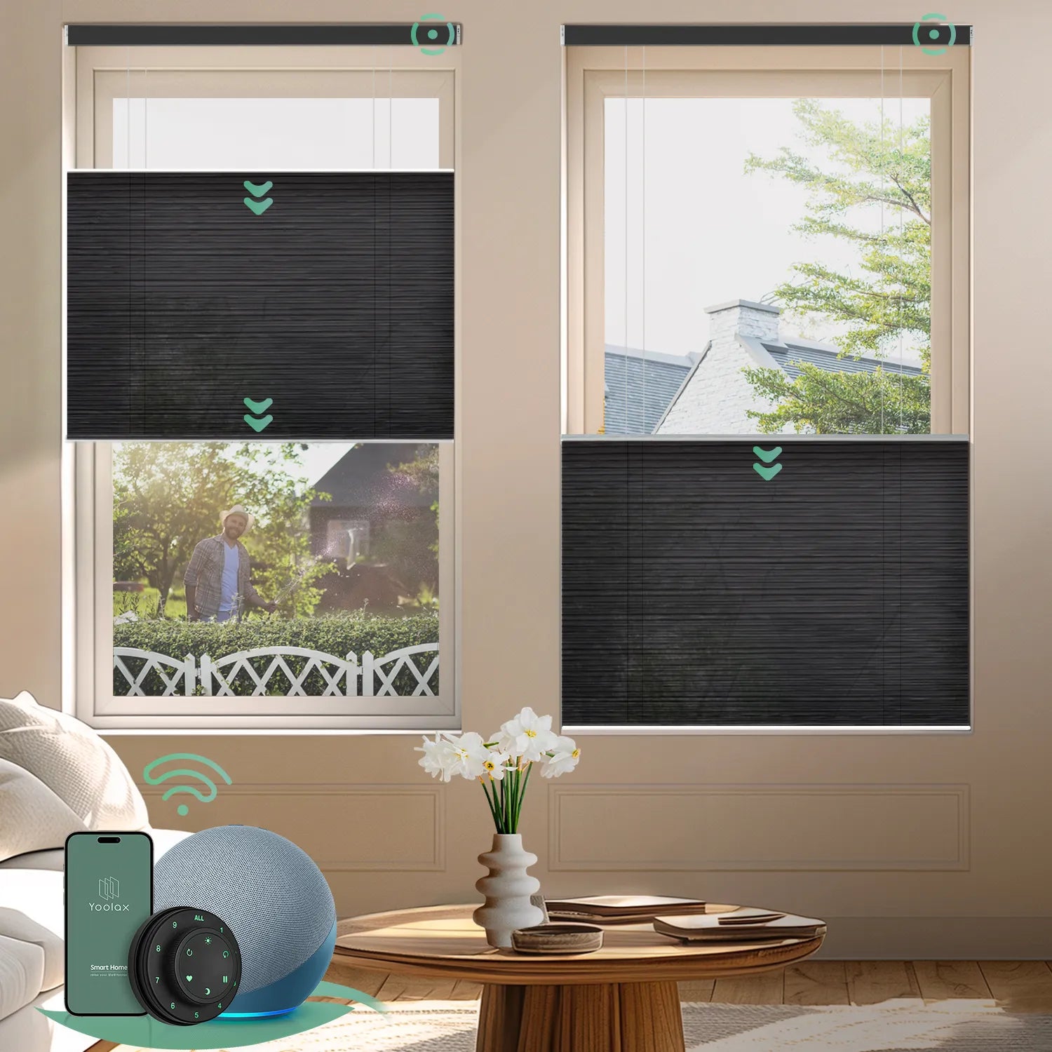 Black motorized top down bottom up semi-sheer cellular shades for flexible light control and enhanced privacy.