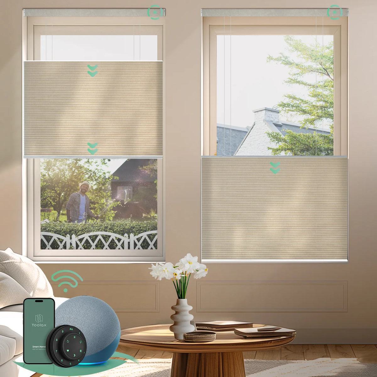 Linen beige motorized top down bottom up semi-sheer cellular shades for flexible light control and enhanced privacy.