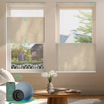 Linen beige motorized top down bottom up semi-sheer cellular shades for flexible light control and enhanced privacy.