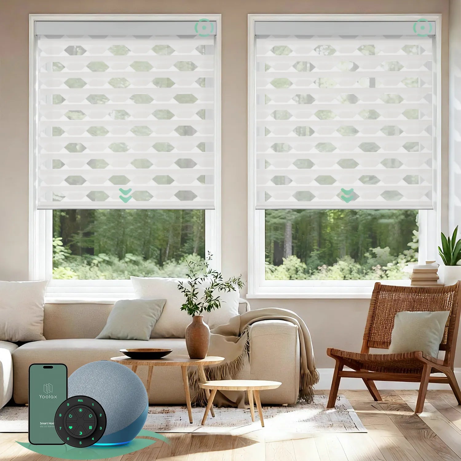 Motorized zebra blinds V-series featuring light-filtering V-White fabric, offering layered soft-light control for modern interiors.